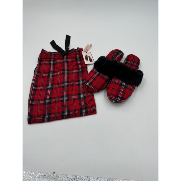 Victorias Secret Signature Satin Plaid Slippers & Drawstring Bag Set Red/Black - Picture 2 of 8